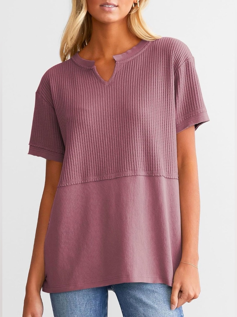 Mauve Pink Waffle Knit Short Sleeve Tee